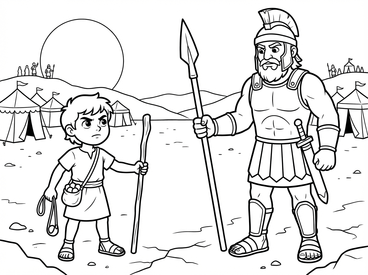 תנך, ספר שמואל א, סצנה של דוד הצעיר מול גלית.
דוד עומד באומץ עם מקל, קלע ואבנים מול גלית הענק בשדה הקרב, כשברקע שני מחנות עומדים וצופים. האווירה דרמטית, מתוחה, מלאת אמונה, אומץ וביטחון בה׳. דוד נראה צעיר אך נחוש, מלא שלווה פנימית, בעוד גלית נראה גדול, מאיים וגאוותן. האור מדגיש את הרגע הגורלי, האדמה מאובקת, והמרחב יוצר תחושת עימות עצום בין מעט לרבים. דוד בלבוש מכובד ופשוט לפי רוח המסורת, וגלית בלבוש לוחם זר.