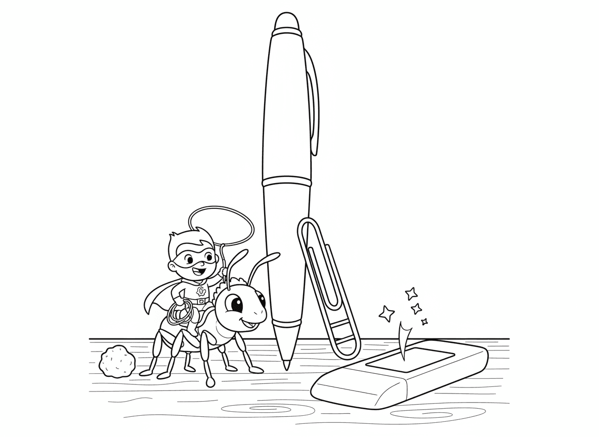 גיבור על עם כוח התכווצות - גיבור על שהתכווץ לגודל זעיר עומד על שולחן רגיל, עט כמו גורד שחקים, אטב כסולם, נמלה כסוס לרכיבה, פירור כסלע, מחק כטרמפולינה, חפצים רגילים נראים ענקיים