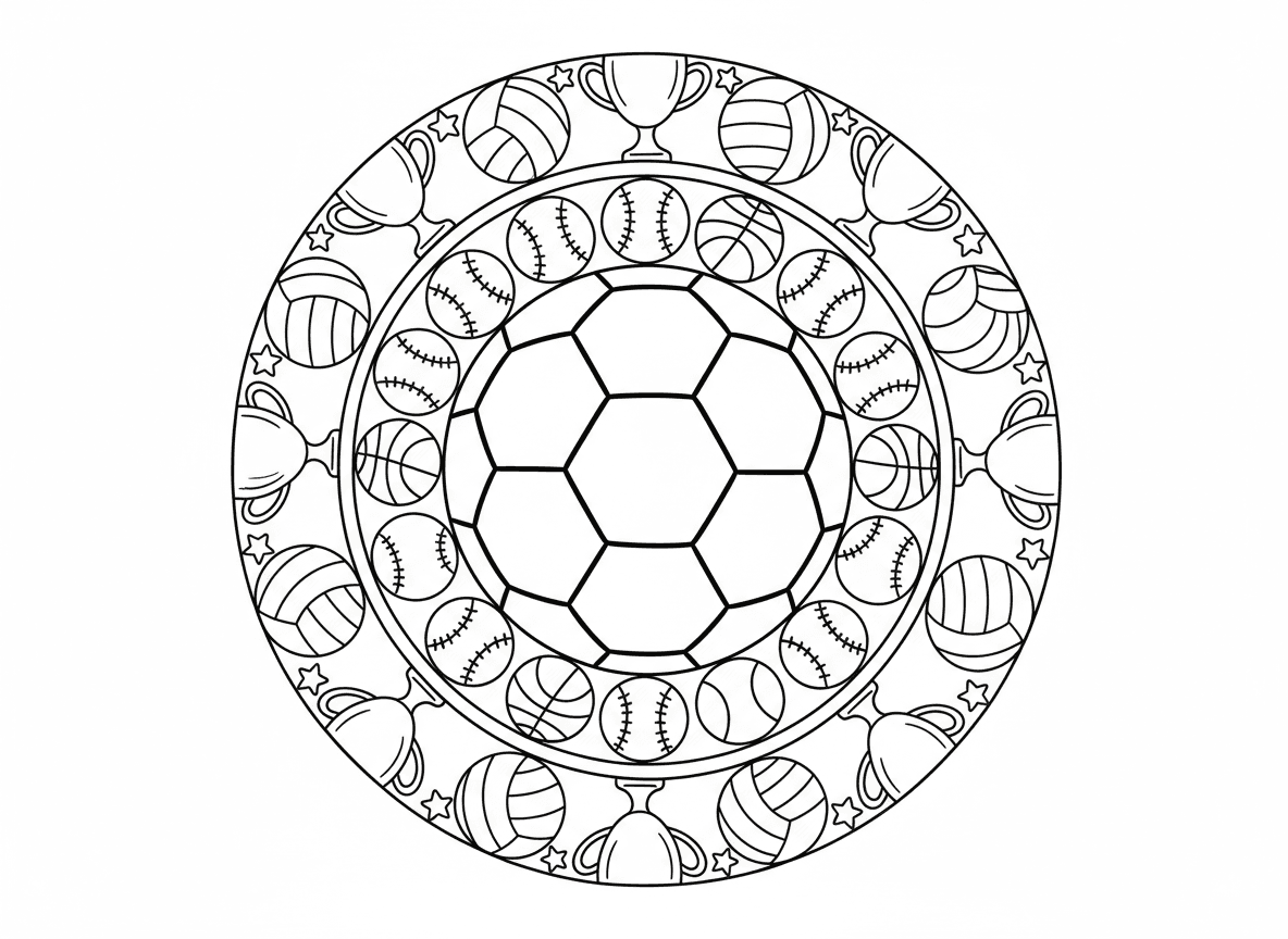 מנדלת כדורגל - מנדלת ספורט עם דוגמת כדורגל במרכז, מוקפת בטבעות כדורי ספורט שונים - כדורסל, טניס, בייסבול, כדורעף, טבעת גביעים, כוכבים וסרטים כקישוטים