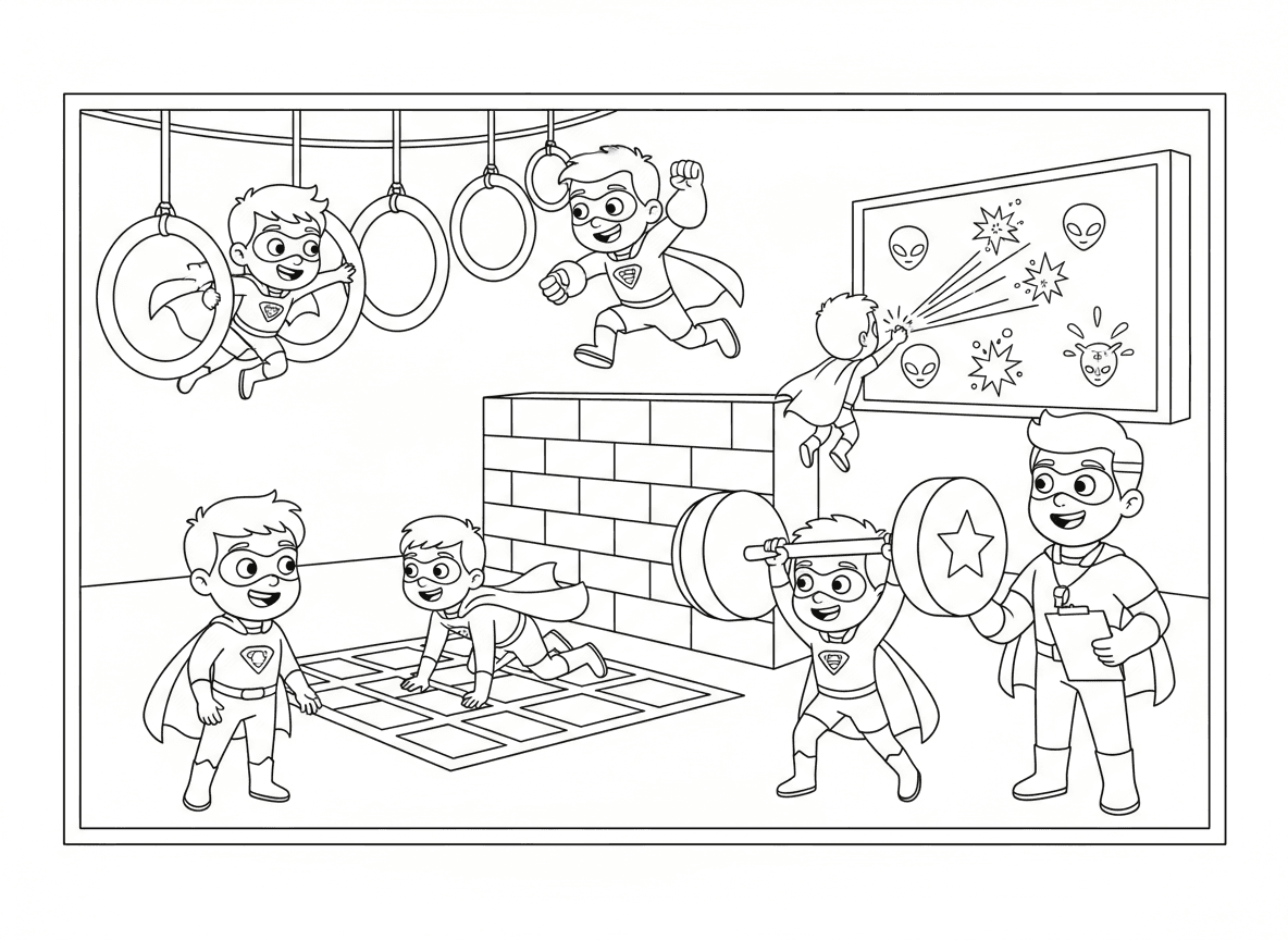 מסלול מכשולים לאימון גיבורי על - ילדים גיבורי על מתאמנים במסלול מכשולים כיפי, עפים דרך טבעות, קופצים מעל חומות, זוחלים מתחת לקרני לייזר, מרימים חפצים כבדים, תרגול מטרות עם פיצוצי כוח, מאמן עם משרוקית ולוח