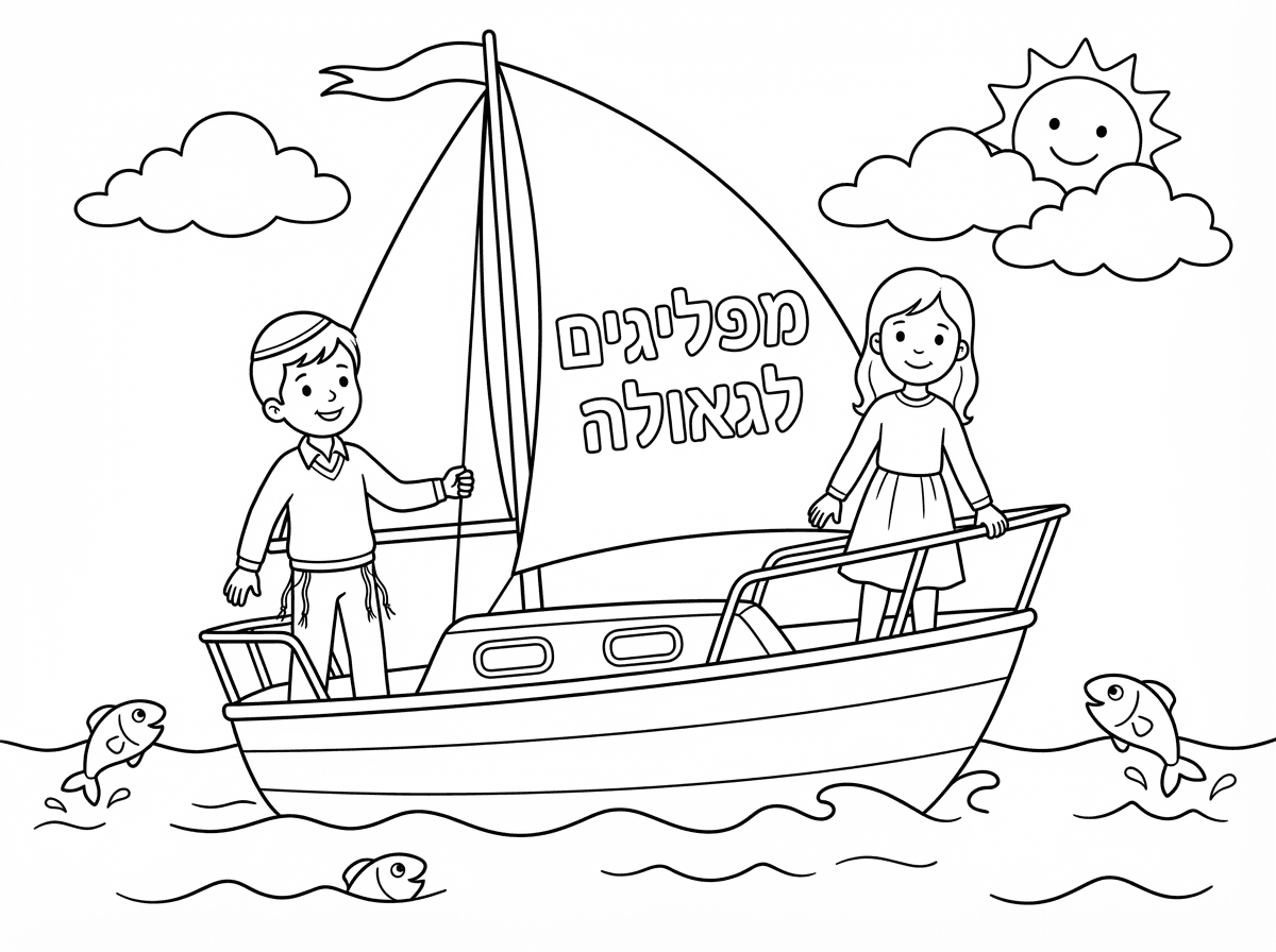 ים עם סירת מפרש, ילד וילדה עומדים בסירה כל אחד בצד אחר על המפרש כתוב מפליגים לגאולה. הילד עם כיפה, ציצית, הילדה עם שרוול ארוך ,חצאית ארוכה וגרביונים , שמים תכולים ואוירה נעימה