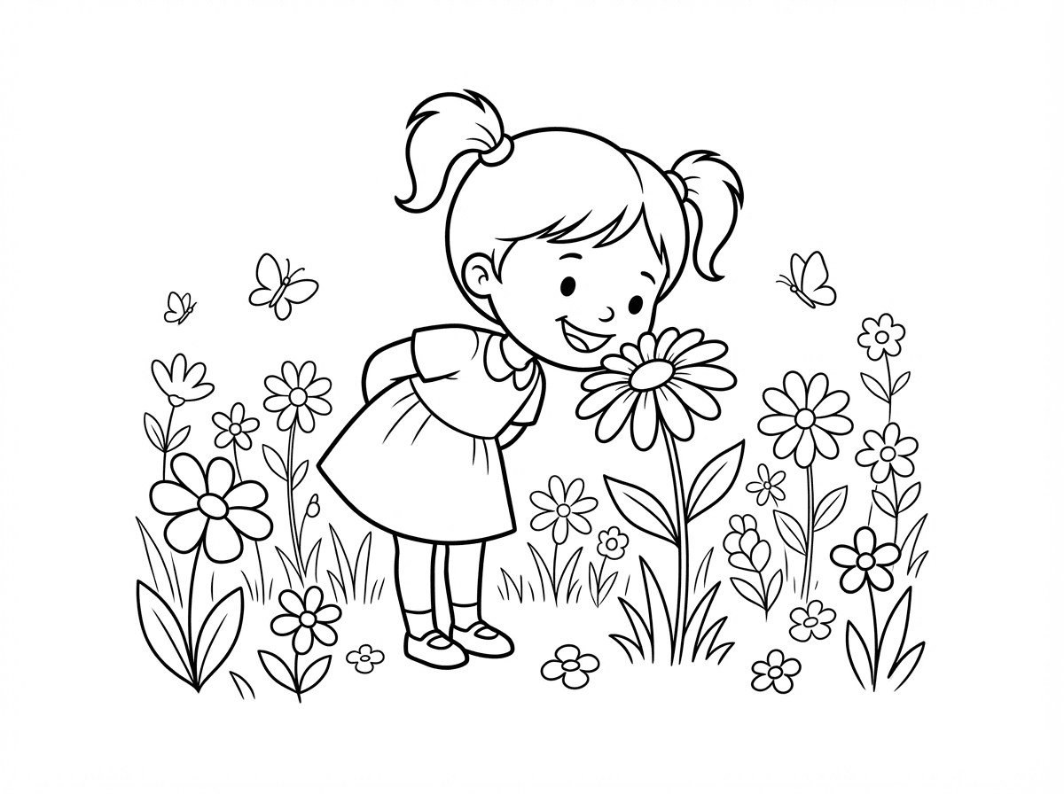 תיצור לי תמונה של ילדה קטנה עם 2 קוקיות ושמלה מחייכת ושמחה מריחה פרח שצומח בשדה עם פרחים נוספים