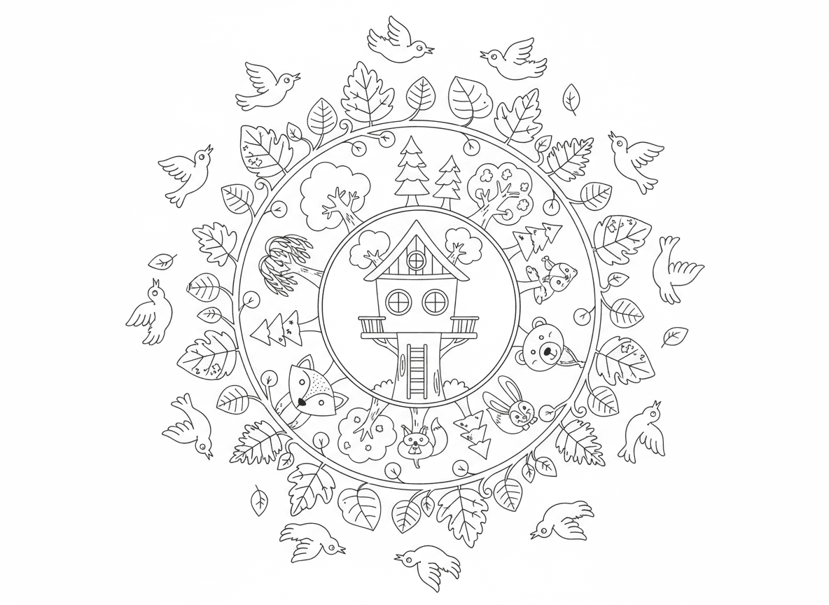 מנדלת בית עץ - מנדלת טבע עם בית עץ בעיגול המרכזי, מוקף בטבעת עצים שונים, אז טבעת חיות יער, אז טבעת עלים, ציפורים בטבעת חיצונית, גפנים מחברות שכבות