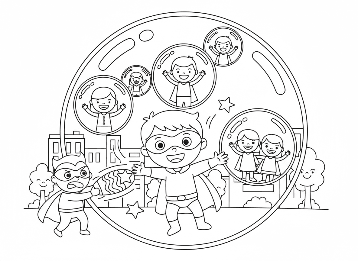 גיבור על עם כוח מגן בועות - ילד גיבור על יוצר בועות מגן סביב אנשים, מגני בועות ענקיים וצבעוניים, התקפות הרשע קופצות מבועות, אנשים בטוחים בפנים מחייכים, השתקפויות קשת על פני הבועה, עיר מוגנת