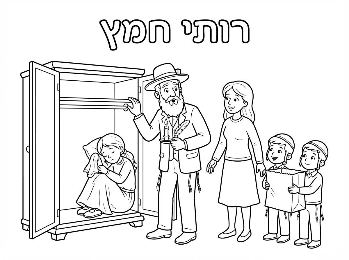 מקסים.
תוסיף גם 2 ילדים עם כיפה וציצית דמחזיקים שקית מנייר ואמא לבושה בשמלה שמכסה את הברך ולחולצה יש שרוולים ארוכים עומדת על יד הילדים והאבא.
וכן כותרת לדף: רותי חמץ