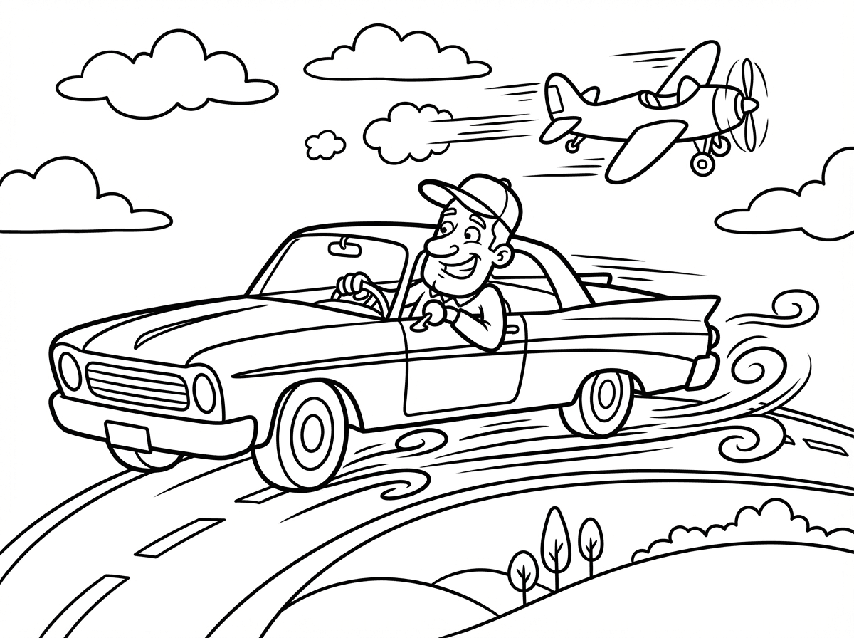 Black and white line art illustration for children's coloring book: A father driving a sleek car that appears to zoom as fast as an airplane. The car is shown speeding along a road with motion lines, while a small airplane flies in the sky above for comparison. The style is whimsical and exaggerated, evoking 1960s Israeli family life.