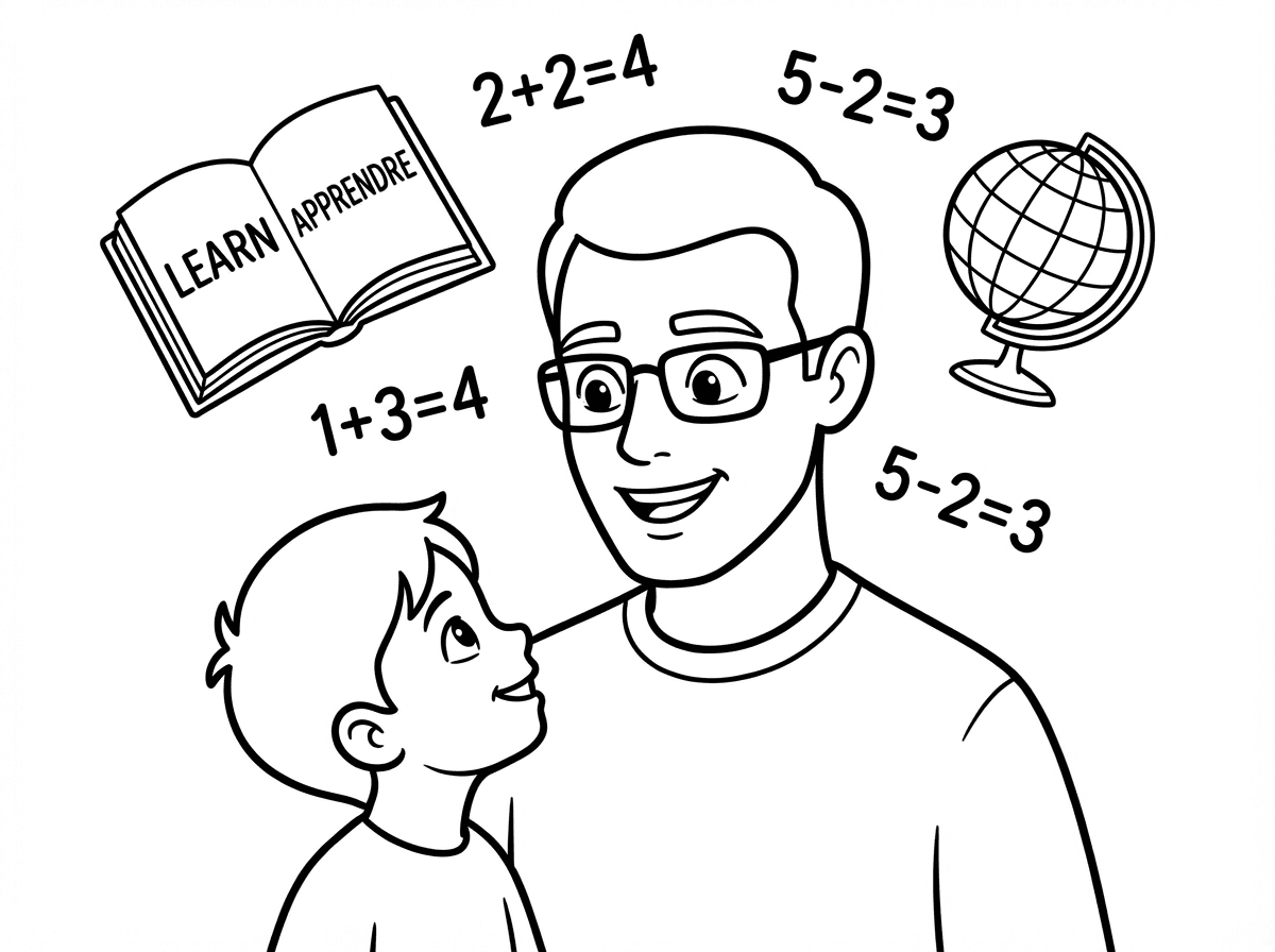 Black and white line art illustration for children's coloring book: A smart-looking father wearing glasses, surrounded by floating symbols of knowledge — an open book with English and French words, math equations like 2+2, and perhaps a small globe. His child looks up at him in admiration.