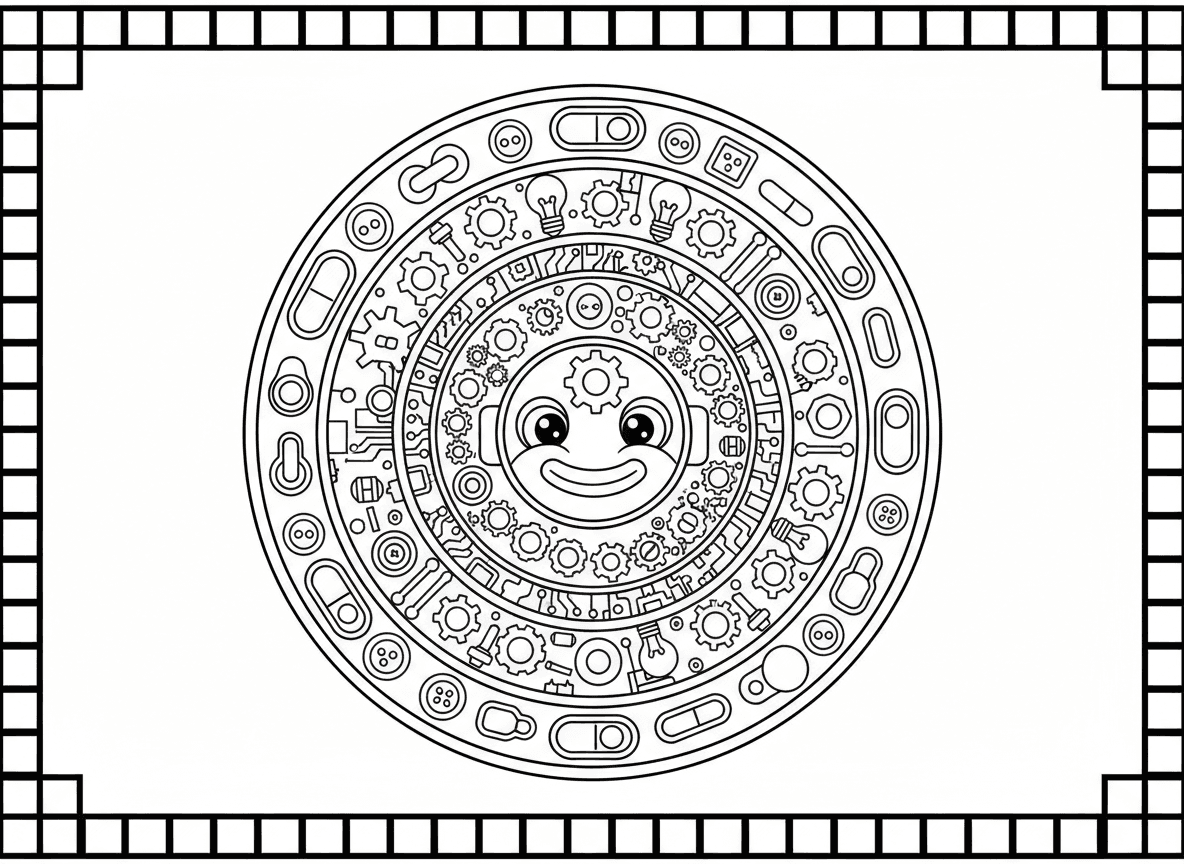 מנדלת רובוטים - מנדלת טכנולוגיה עם פרצוף רובוט במרכז, מוקף בטבעות גלגלי שיניים, דוגמאות לוח מעגלים, ברגים ואומים, נורות, אנטנות, כפתורים ומתגים, גבול פיקסל דיגיטלי