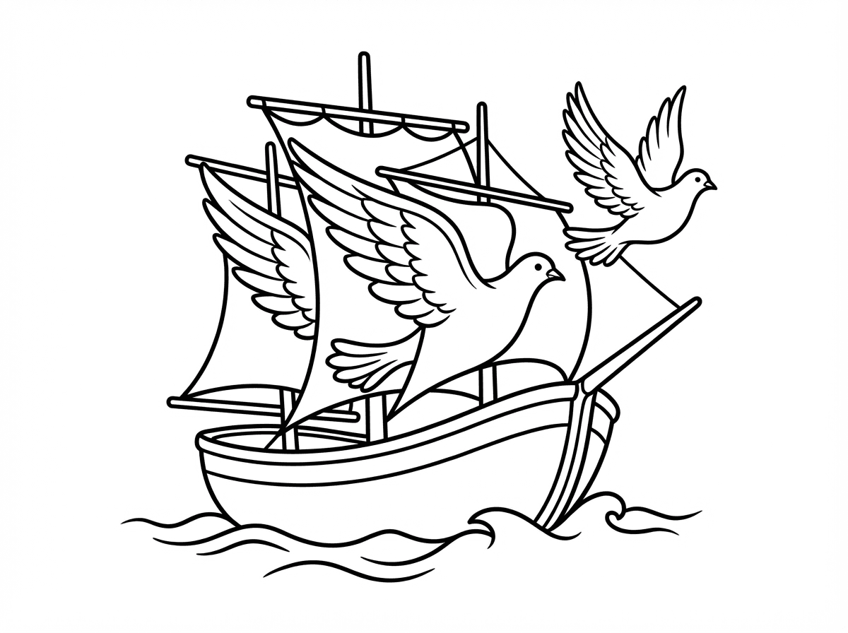 Black and white line art illustration for children's coloring book: A charming ship sailing on the sea with large white sails that resemble the graceful wings of a dove. A dove flies alongside the ship for comparison. The ship has a classic, simple design evoking 1950s-era Israeli maritime imagery.