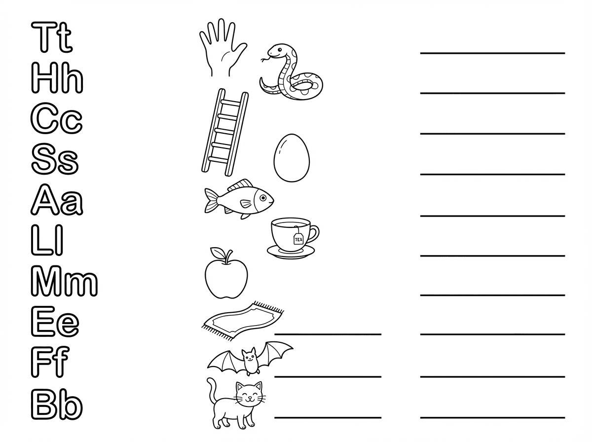 תוריד את המילים בצד. תוריד את המילה rug. תוסיף תיון בכוס תה שייראה תה. תוסיף ציור של עטלף. תוסיף קו שיוכלו לכתוב מילה ליד הציורים הבאים: חתול, שטיח, עטלף.