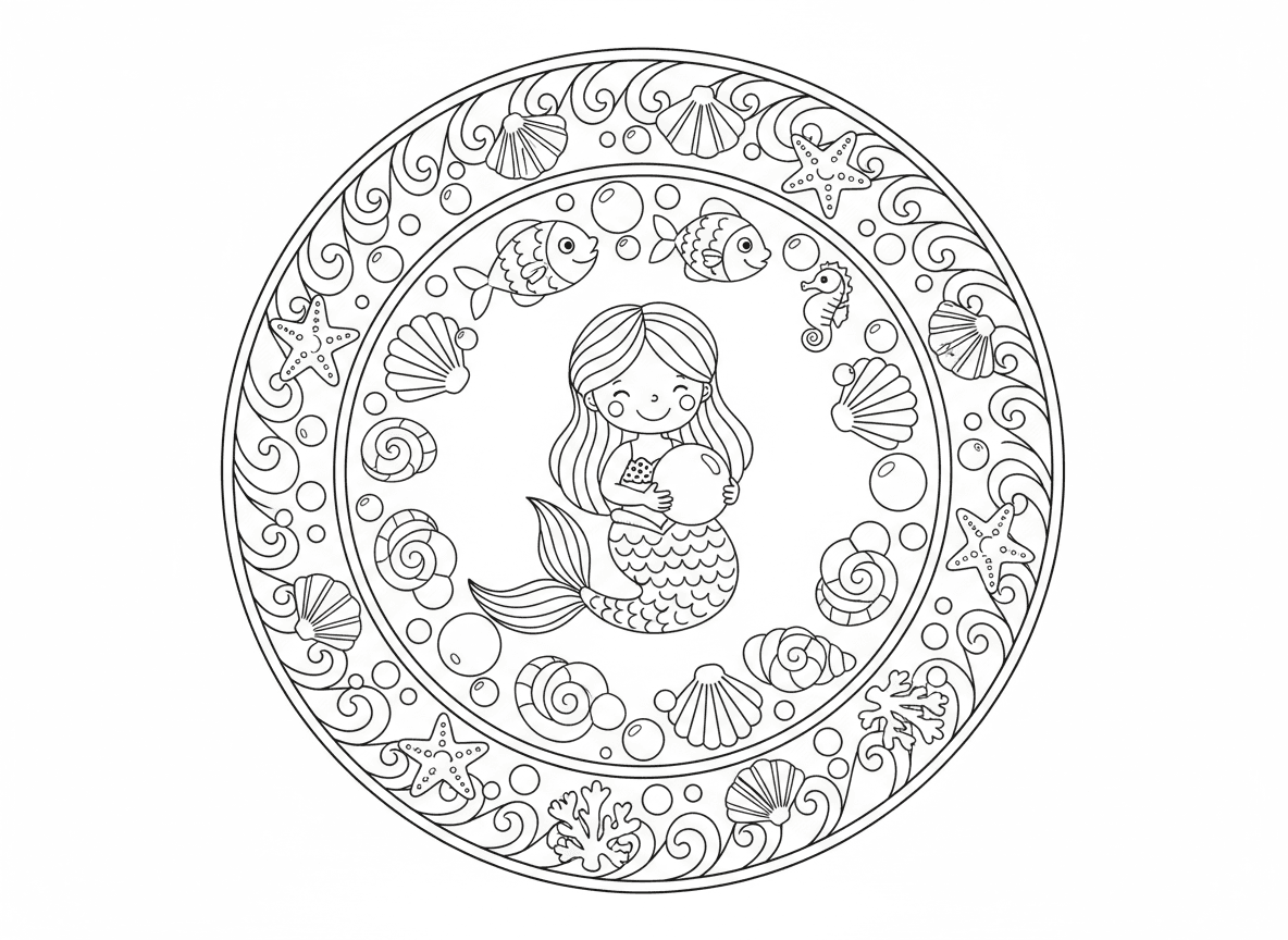 מנדלת בת ים - מנדלה תת-ימית עם בת ים במרכז, מוקפת בטבעות דגים, צדפות, כוכבי ים, סוסוני ים, אלמוגים, בועות ממלאות רווחים, גבול דוגמת גלים, פנינים כנקודות נוי