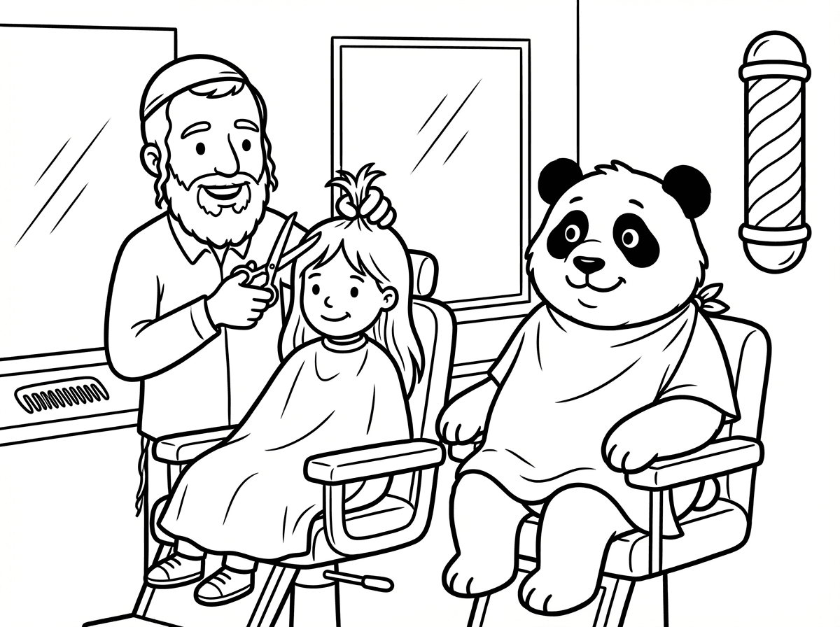 הי, אפשר דף צביעה לפעוטות עם איור של הרב חננאל אתרוג גוזר קווצת שיער לילד עם שיער ארוך בהיר (הכול שחור לבן) ועיניים שחורות קטנות?

הסביבה היא מספרה.
הדמויות מחויכות וחביבות. ליד הילד יושב דב פנדה גדול והילד והדב הם בכיסאות מספרה עם סינרי תספורת.