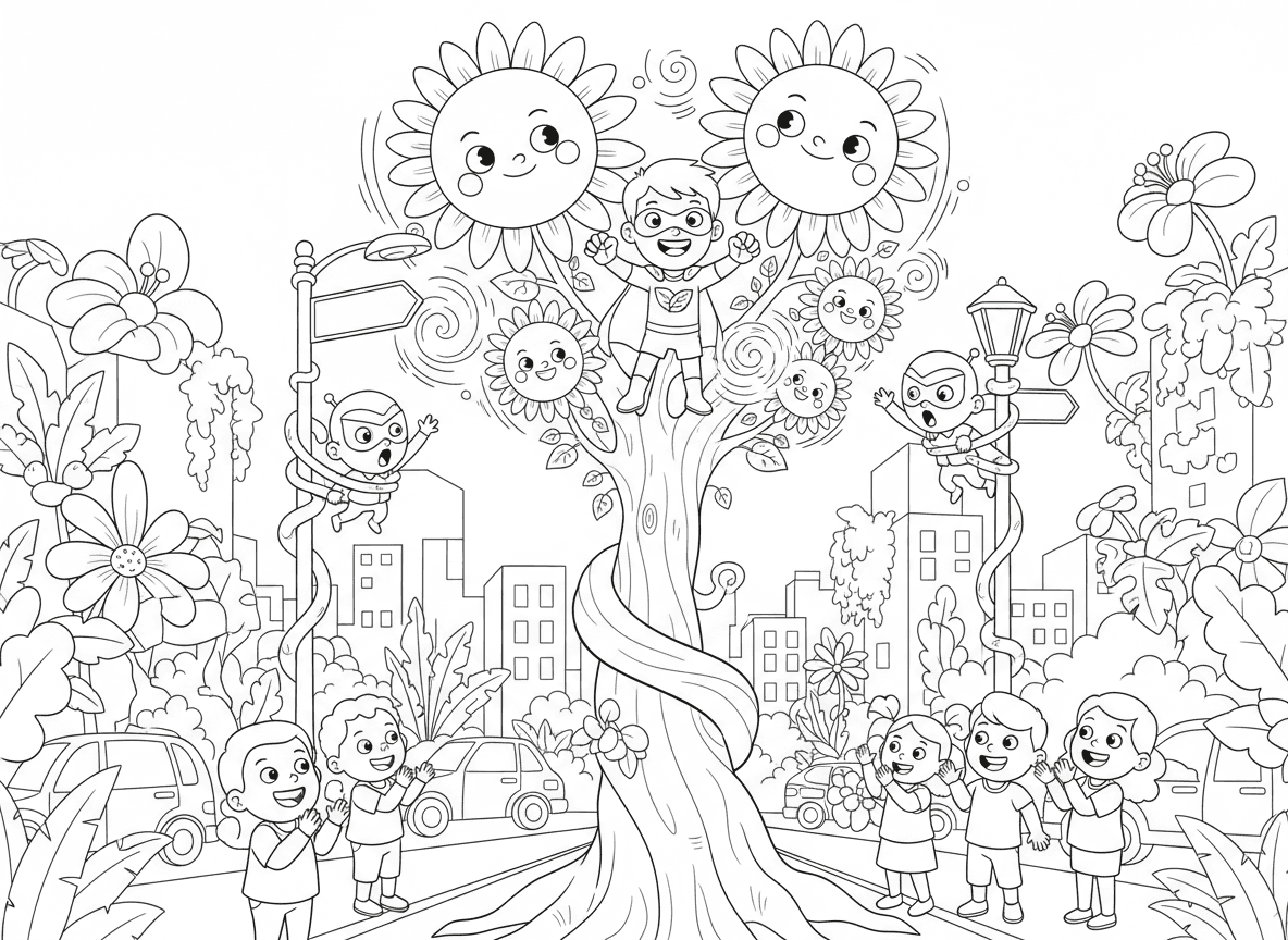 גיבור על עם כוח גידול צמחים - ילד גיבור על שמגדל צמחים ענקיים ברגע, גפנים תופסות רשעים, פרחים ענקיים כמגנים, עץ גדל מתחת לרגליים כדי להרים את הגיבור, ג׳ונגל גדל באמצע העיר, עוברי אורח נדהמים