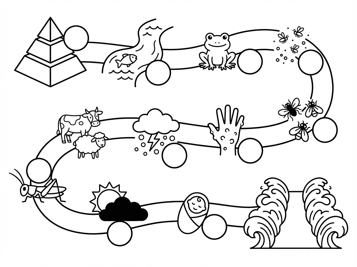 תוכל לעצב לי את 10 המכות שמתחילות בפירמידה ומסתיימות בקריאת ים סוף.
ליד כל מכה שיהיה עיגול שזה יהיה מקום לשים מדבקה