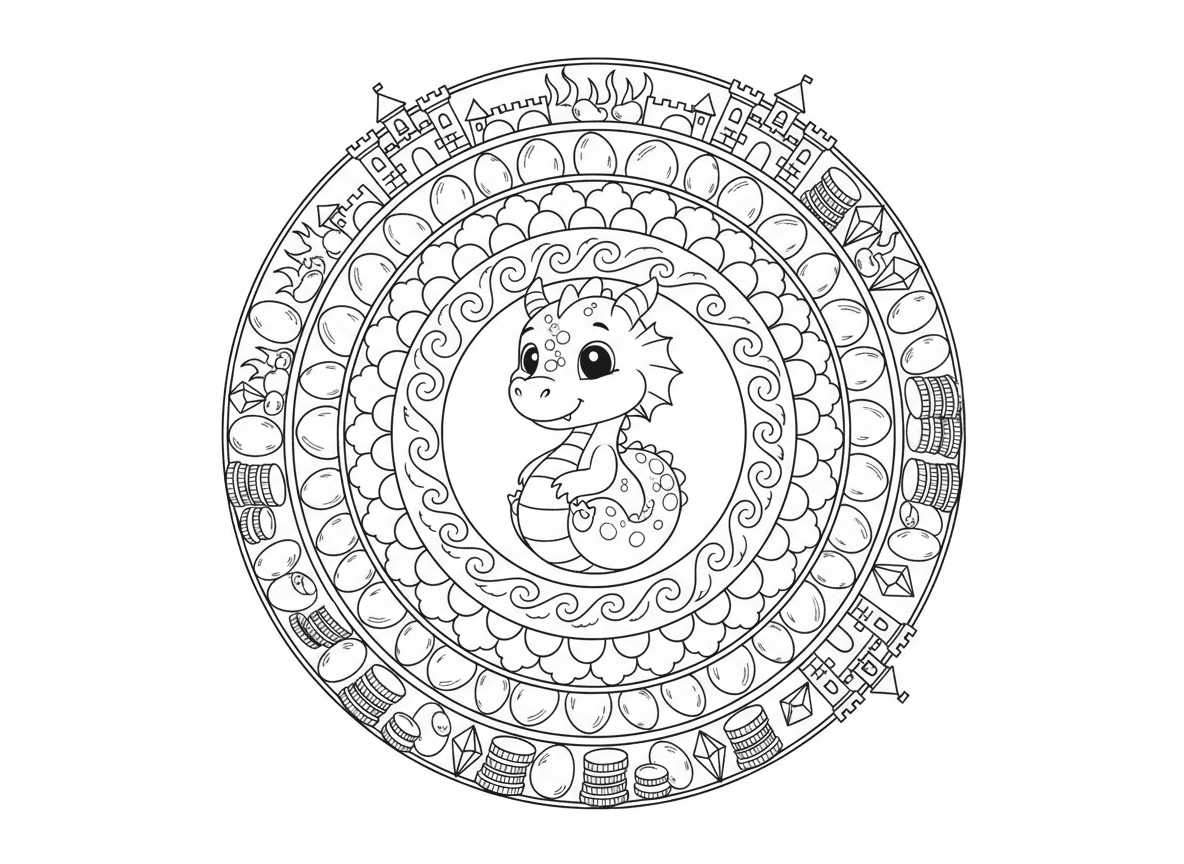 מנדלת דרקון - מנדלת פנטזיה עם דרקון חמוד במרכז מכורבל בעיגול, מוקף בטבעות להבות, דוגמת קשקשים, ביצי דרקון, מטבעות אוצר, קריסטלים, מגדלי טירה בטבעת חיצונית