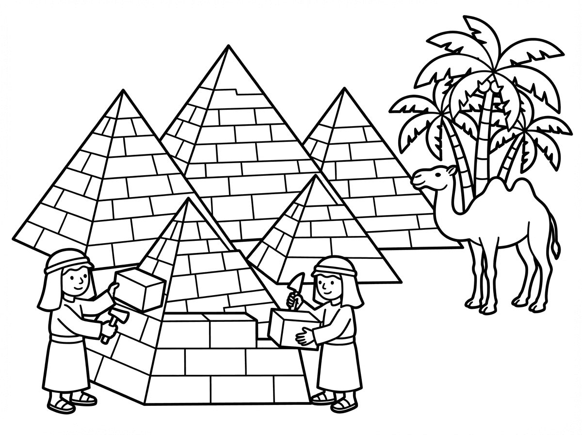 4 פירמידות גדולות, גמל ודקלים ברקע, 2 אנשים עם שביס על הראש עומדים על הפירמידות ובונים אותם