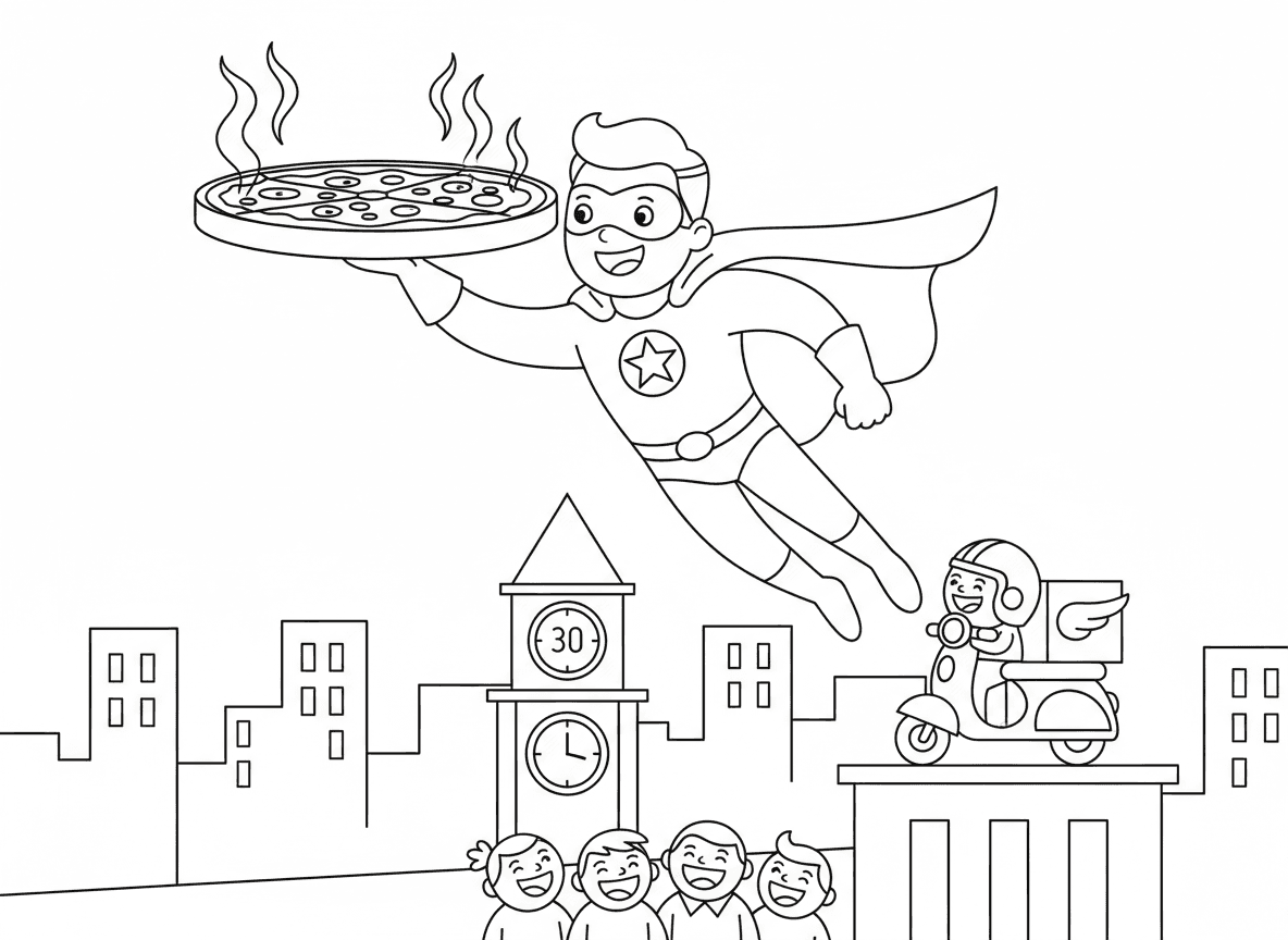 גיבור על שליח פיצה - גיבור על שליח פיצה עף כדי להגיש פיצה בזמן, קופסת פיצה ענקית מאוזנת על יד אחת, גלימה מתנופפת, קטנוע פיצה חונה על גג, טיימר מראה שלושים דקות, לקוחות רעבים ממתינים למטה, קיטור מפיצה חמה