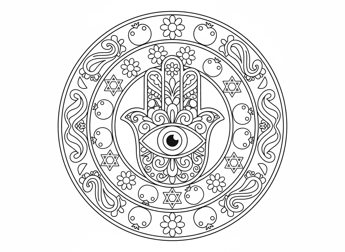 מנדלת יד חמסה - מנדלה מרכזה יד חמסה דקורטיבית, עין הרע במרכז כף היד, מוקפת בטבעות פרחים, דגים, רימונים, מגני דוד, דוגמאות פייזלי, סגנון עיטור מזרח תיכוני