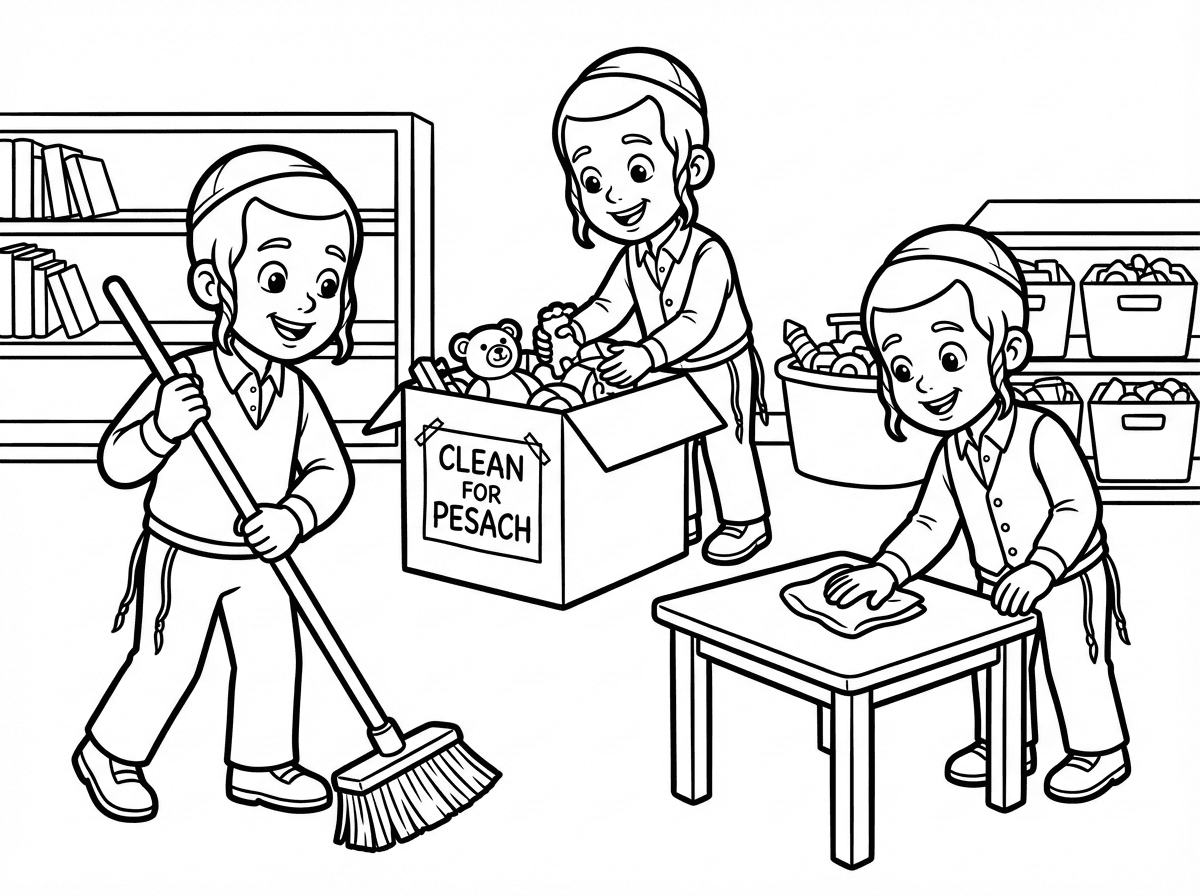 אני רוצה דף צביעה של ילדים מנקים לפסח את חדר המשחקים.
הילד יהיו חבדניקים, עם פאות עד גובה האוזן וכיפות שחורות.