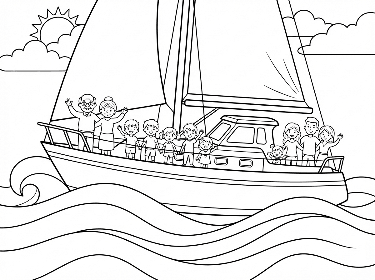יאכטה מפרשית, 
עם 11 אנשים עליה, 
סבא סבתא (לא זקנים), שבעה אחים ואחיות, עוד שני גיסים, ונכדה.
מפליגים בים בגלים גבוהים.