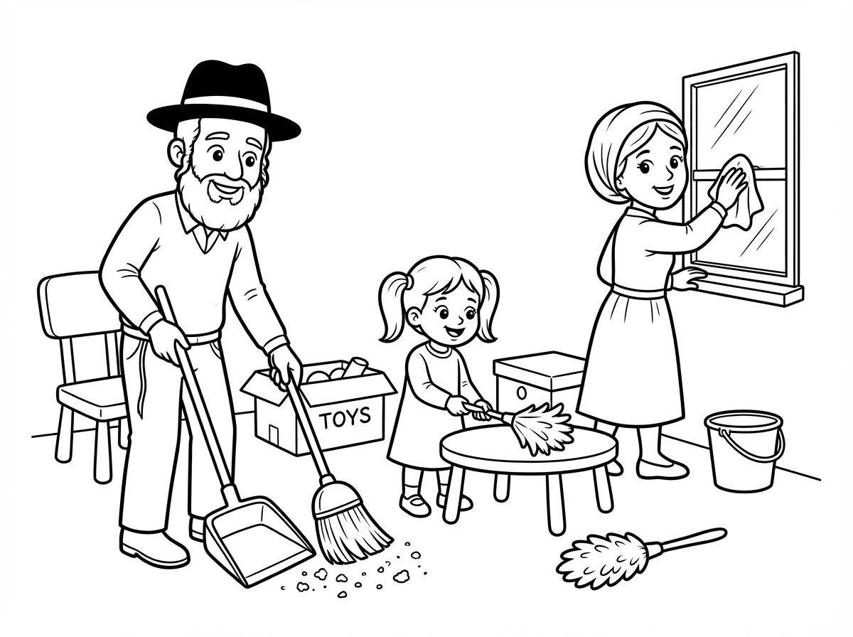 דף צביעה ילדה מנקה את הבית מהחמץ  יחד עם אמא ואבא (לאמא יש כיסוי ראש והאבא עם מגבעת וזקן, דמויות חסידיות)