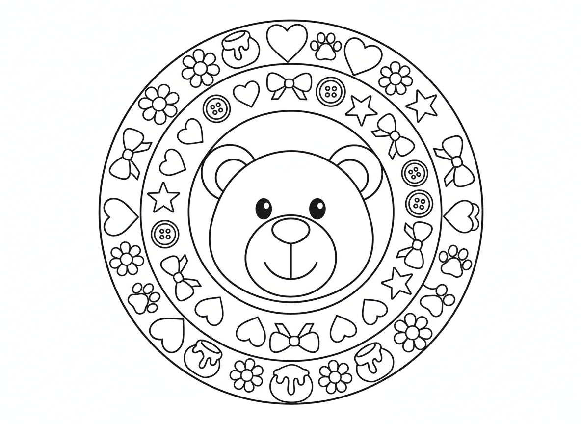 מנדלת דובון - מנדלה חמודה עם פרצוף דובון במרכז, מוקף בטבעות לבבות, כוכבים, כפתורים, פפיונים, טביעות כפות, סירי דבש, פרחים, עיצוב פשוט ומתוק לילדים קטנים