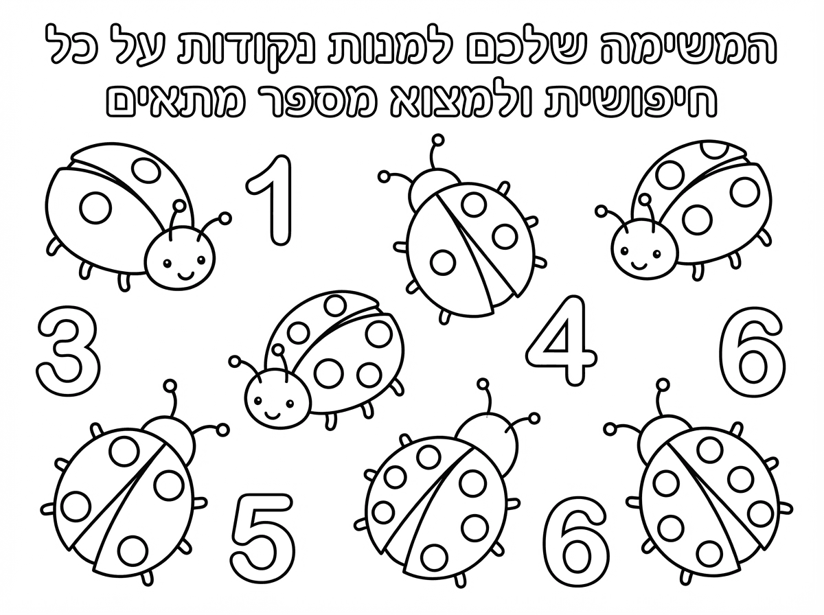 צור דף צביעה ובו מצויירות חיפושיות. על כל חיפושית כמות שונה של נקודות: חיפושית עם נקודה אחת, חיפושית עם שתי נקודות, חיפושית עם שלוש נקודות, חיפושית עם ארבע נקודות  וחיפושית עם חמש נקודות וחיפושית עם שש נקודות. על הדף מפוזרים מספרים גדולים שניתן לצבוע אותם מאחד ועד שש.
כתוב כותרת: "המשימה שלכם למנות נקודות על כל חיפושית ולמצוא מספר מתאים". עבודה נעימה!