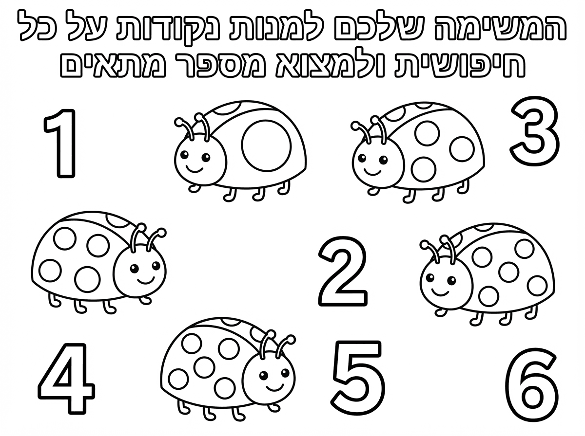 יש טעות בדף צביעה! חסרה חיפושית עם נקודה אחת. תמחק חיפושית אחת עם שש נקודות. מספר שש מופיע פעמיים. תצייר מספר שש רק פעם אחת.