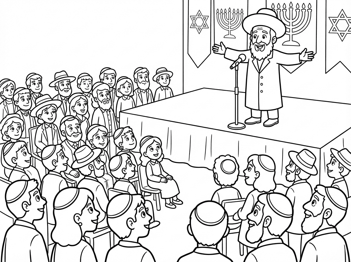 תכין לי דף צביעה שבו שבו מצויר ש יש הרבה הרבה יהודים ויש במה גדולה עם סטנדר שבה עומד רב חשוב ומדבר על כולם.