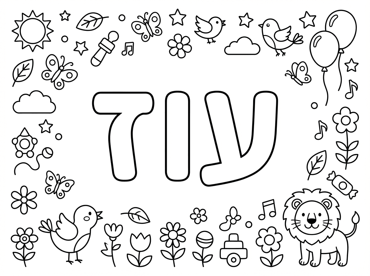 אשמח לדף צביעה עם השם עוז במרכז (אותיות שניתן לצבוע) וקישוטים מסביב