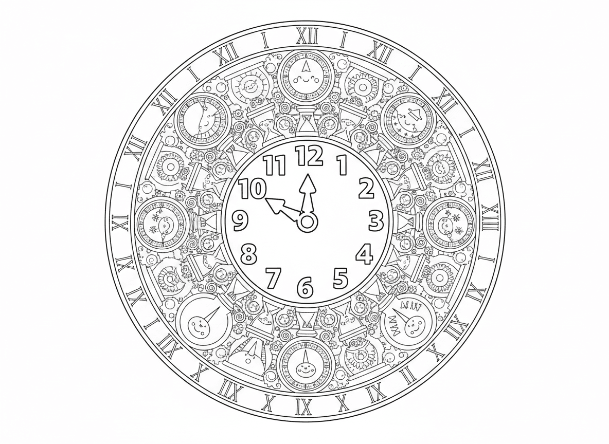 מנדלת שעון עם מספרים - מנדלה מעוצבת כלוח שעון, מספרים 1-12 מסודרים בעיגול, מחוגים במרכז, מוקפת בטבעות שעוני חול, שעוני שמש, שעוני כיס, גלגלי שיניים, מטוטלות, ספרות רומיות בטבעת חיצונית