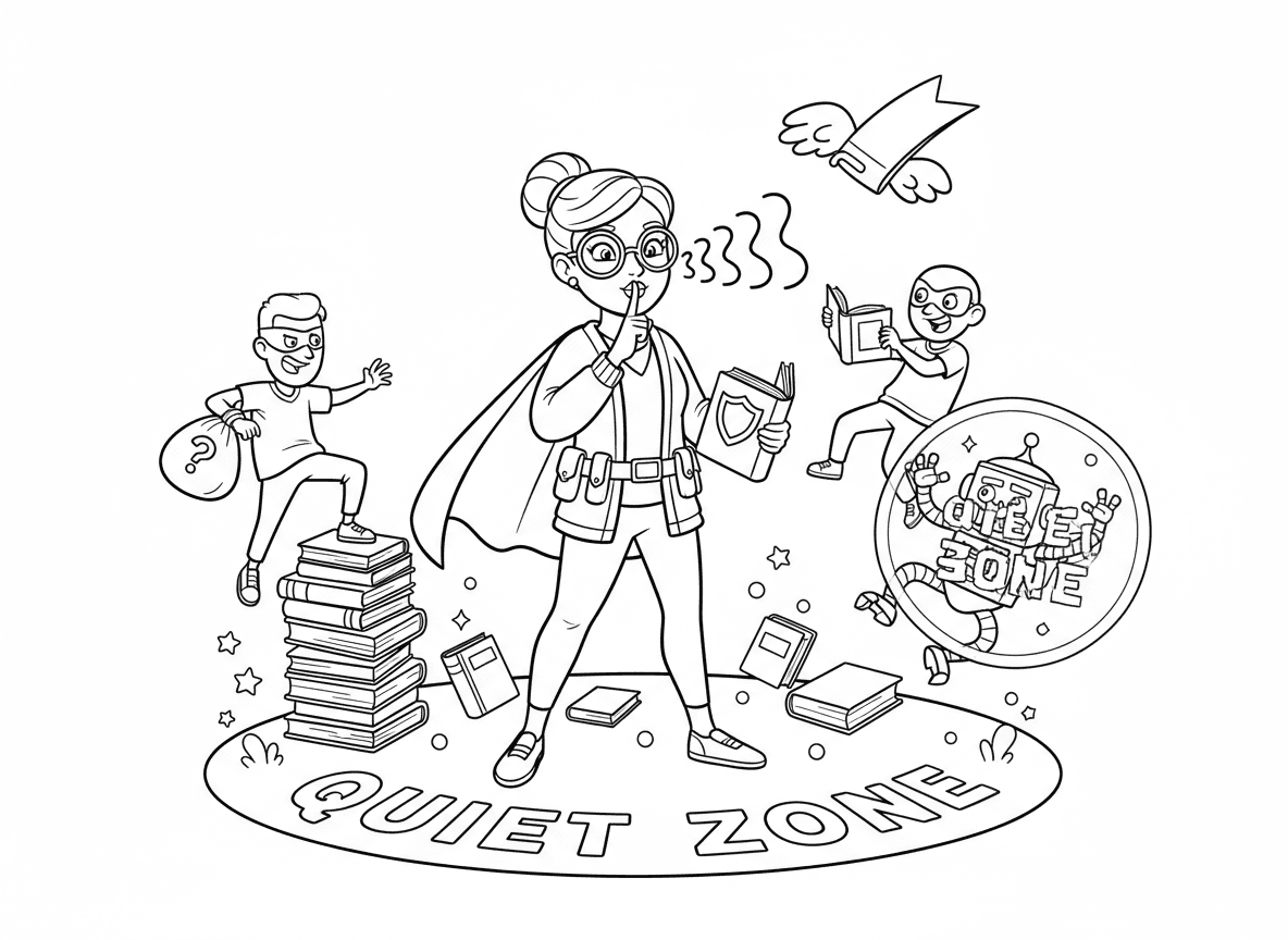 גיבור על ספרן משתיק רשעים - גיבור על ספרן שהכוח שלו הוא שששש סופר שמקפיא רשעים, מגן ספר, בומרנג סימנייה, משקפי קריאה עם ראיית רנטגן, גלימת קרדיגן, רשע קפוא באמצע פעולה מגל שתיקה, שדה כוח אזור שקט