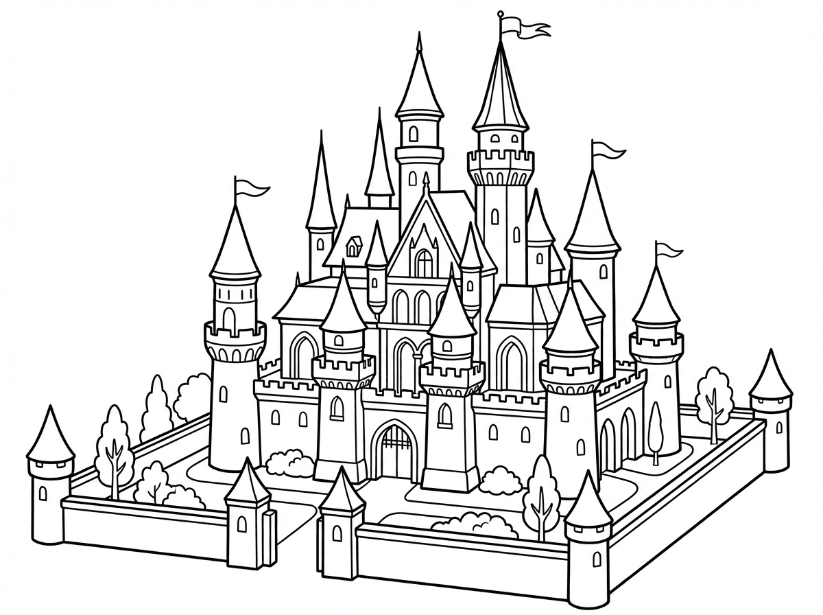 צור לי דף צביעה של ארמון עם הרבה פרטים, לילדים גדולים