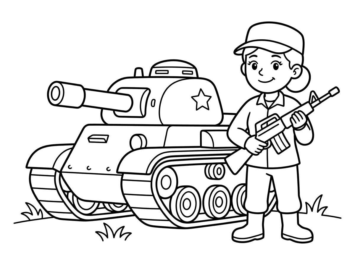 חיילת עם רובה ליד טנק