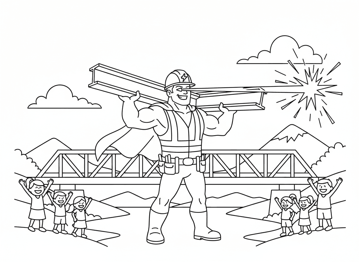 גיבור על פועל בניין בונה גשר - גיבור על פועל בניין משתמש בסופר כוח לבנות גשר לבד, נושא קורת פלדה על כל כתף, מרתך עם עיני לייזר, קסדה עם לוגו גיבור, גלימת אפוד בטיחות, אנשים מריעים