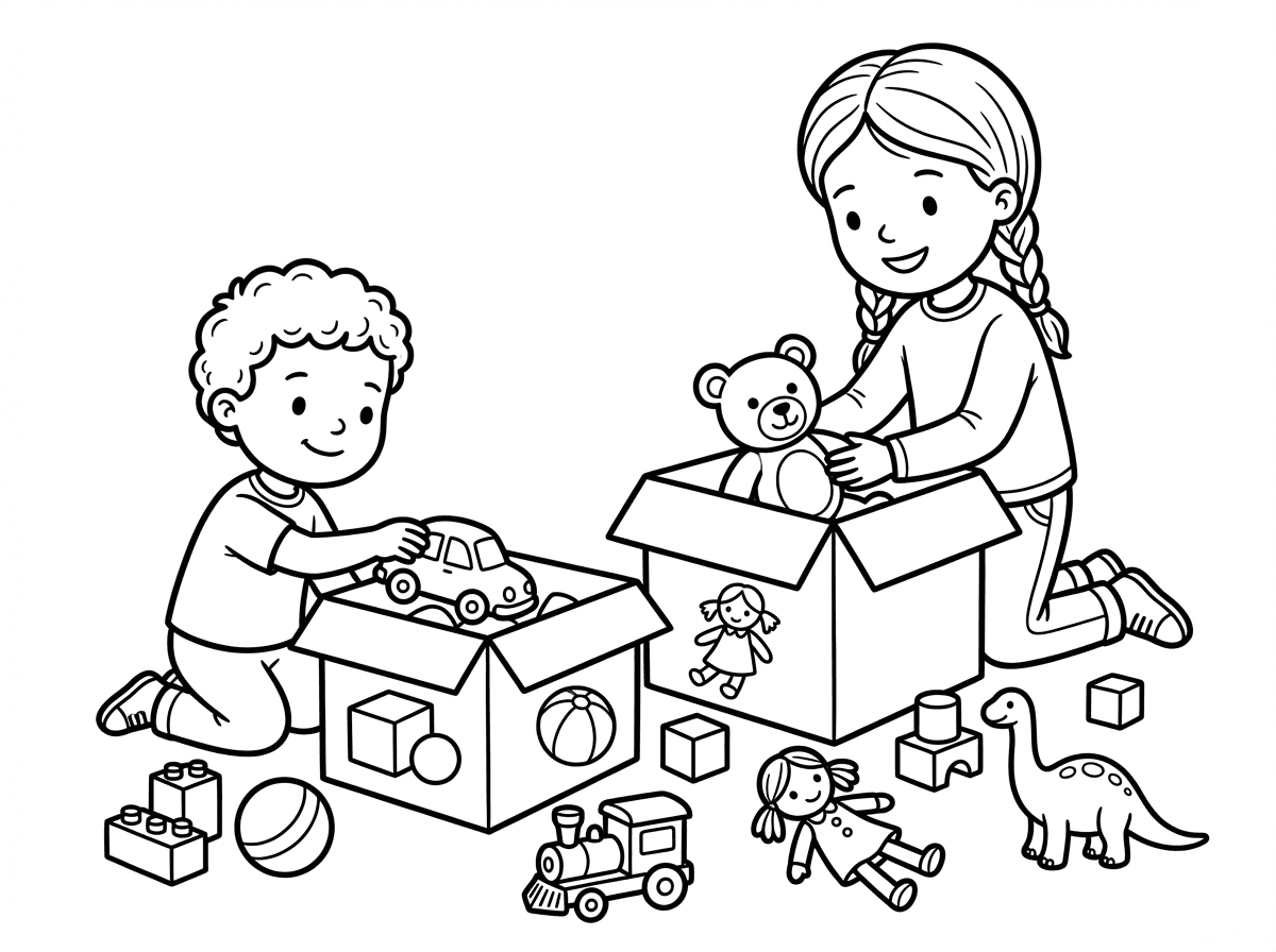 עכשיו תן לי את אותם הילדים( אבל לילדה הגדולה בלי מטפחת, רק שיער מסודר יפה) כשהם ממיינים משחקים לקופסאות המתאימות