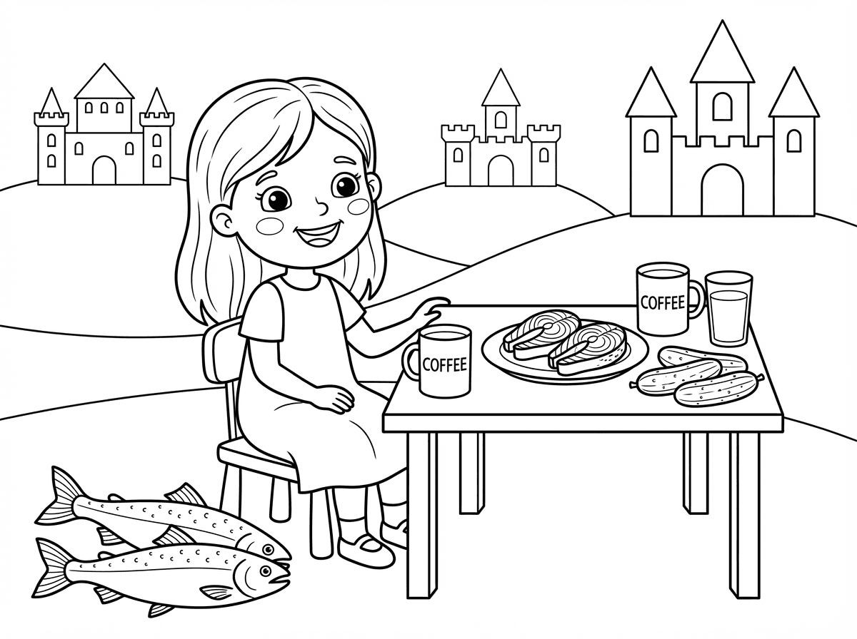 צירי לי תמונה של ילדה שיש לידה שני דגי סלומון, שני חתיכות של דגי סלומון בצלחת, עם ארמונים וארבע מלפפונים ושתי כוסות נס קפה וכוס מים. ותהיה תמונה יפה.