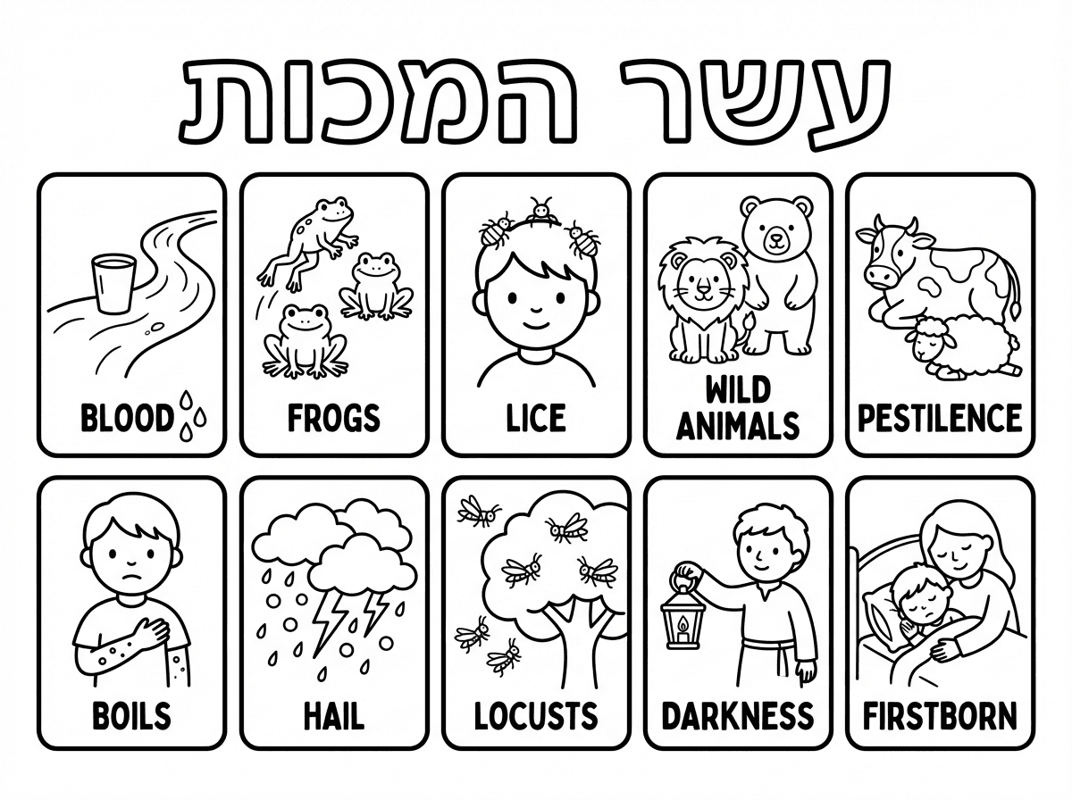 צייר לי את עשרת המכות עם כיתוב בעברית