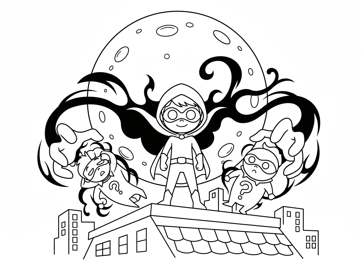 גיבור על עם כוחות צל בלילה - ילד גיבור על מסתורי ששולט בצללים, ידי צל תופסות רשע, גלימת צל שמתארכת וזזה, עיניים לבנות זוהרות, עומד על גג בלילה, ירח מלא מאחור, אורות עיר למטה