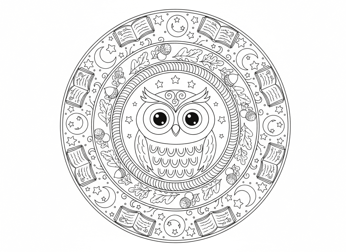 מנדלת ינשוף - מנדלת ינשוף חכם עם פרצוף ינשוף עם עיניים גדולות במרכז, מוקף בטבעות דוגמאות נוצה, עלים, בלוטים, ירחים, כוכבים, ענפים, ספרים חכמים בטבעת חיצונית, נושא לילי