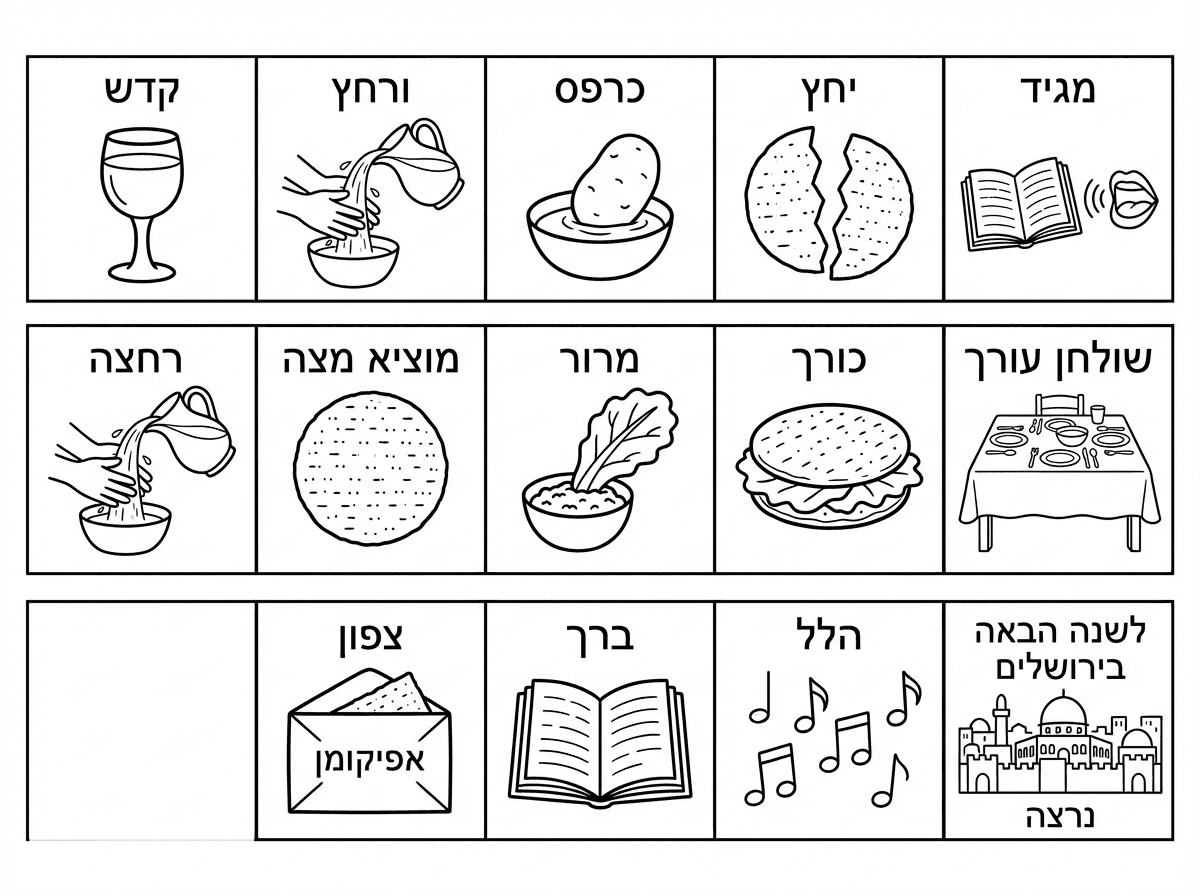 אני רוצה את סימני ליל- הסדר כאשר כל סימן מופיע במשבצת, אחד אחרי השני ברצף.
המטרה היא שהילד יגזור ויצא לו פס ארוך של כל סימני הסדר.
את זה הוא אמור לקפל כמו מניפה בזיג זג ולהכניס את זה לקופסת גפרורים קטנה.
אז כל תמונה אמורה להיות בגודל של קופסת גפרורים קטנה, או קצת יותר קטנה.

בכל סימן תכתוב את שם הסימן ותוסיף איור קטן שמתאים לסימן
הסימנים:
קדש- גביע בלי רגל ויין.
ורחץ- נטילת ידיים.
כרפס- תפו"א טובל בקערת מים.
יחץ- מצה עגולה חצויה לשניים.
מגיד- הגדה וציור של פה.
רחצה- נטילת ידיים.
מוציא מצה- מצה עגולה.
מרור- עלה חסה יובל בחרוסת.
כורך- כריך ממצה עגולה ובתוכו עלה חסה.
שולחן עורך- שולחן ערוך לסעודה.
צפון- מצה בתוך מעטפה שכתוב עליה "אפיקומן".
ברך - הגדה פתוחה.
הלל- תווי נגינה.
נרצה- לכתוב "לשמה הבאה בירושלים" ולהוסיף ציור של ירושלים .