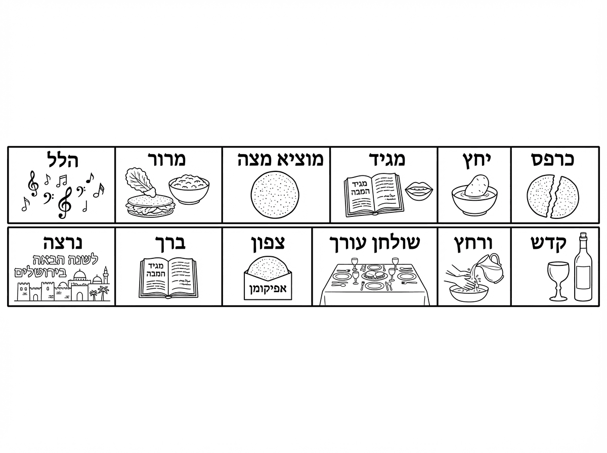 אני רוצה את סימני ליל- הסדר כאשר כל סימן מופיע במשבצת, אחד אחרי השני ברצף. להתחיל מצד ימין לשמאל. כל משבצת תהיה בגודל 5*3 ס"מ לרוחב, כמו מלבן שוכב.
המטרה היא שהילד יגזור ויצא לו פס ארוך של כל סימני הסדר.
את זה הוא אמור לקפל כמו מניפה בזיג זג ולהכניס את זה לקופסת גפרורים קטנה.
אז כל תמונה אמורה להיות בגודל של קופסת גפרורים קטנה- 5 על 3 ס"מ.

בכל סימן תכתוב את שם הסימן בפונט אהרוני ותוסיף איור קטן שמתאים לסימן.
הסימנים:
קדש- כוס בלי ידיות ובקבוק יין.
ורחץ- נטילת ידיים.
כרפס- תפו"א טובל בקערת מים.
יחץ- מצה עגולה חצויה לשניים.
מגיד- הגדה וציור של פה.
רחצה- נטילת ידיים.
מוציא מצה- מצה עגולה.
מרור- עלה חסה טובל בחרוסת.
כורך- כריך ממצה עגולה ובתוכו עלה חסה.
שולחן עורך- שולחן ערוך לסעודה.
צפון- מצה עגולה בתוך מעטפה שכתוב עליה "אפיקומן".
ברך - הגדה פתוחה.
הלל- תווי נגינה.
נרצה- לכתוב "לשנה הבאה בירושלים" ולהוסיף ציור של ירושלים .