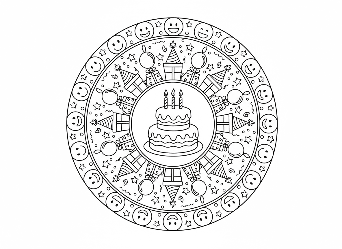 מנדלת חגיגת יום הולדת - מנדלה חגיגית עם עוגת יום הולדת במרכז, מוקפת בטבעות בלונים, מתנות, כובעי מסיבה, קונפטי, נחשולים, נרות, כוכבים, פרצופים שמחים בטבעת חיצונית