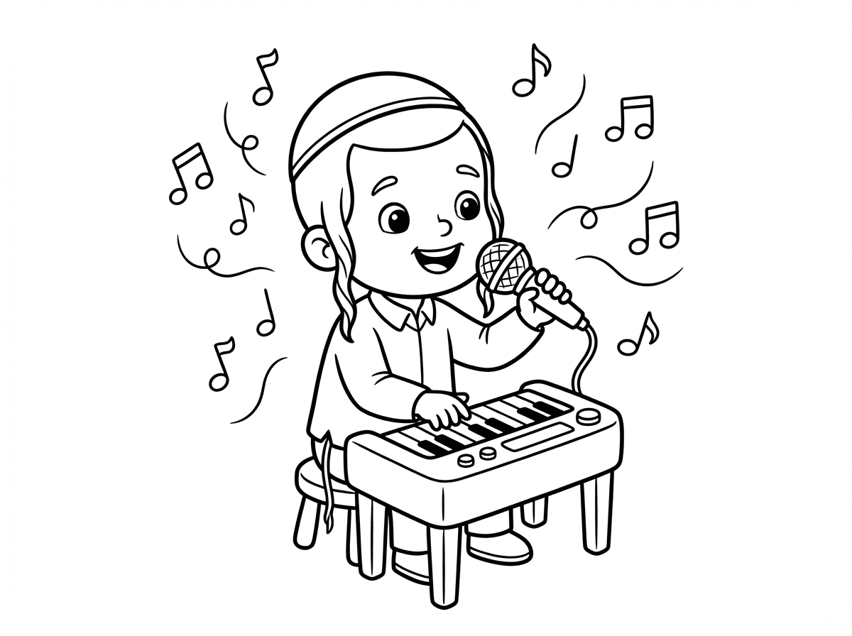 ילד בן 3 עם פיאות וכיפה מחייך במרכז הציור
ומנגן על אורגנית ומחזיק  ברמקול  ושר ומתעופפים המון תוים