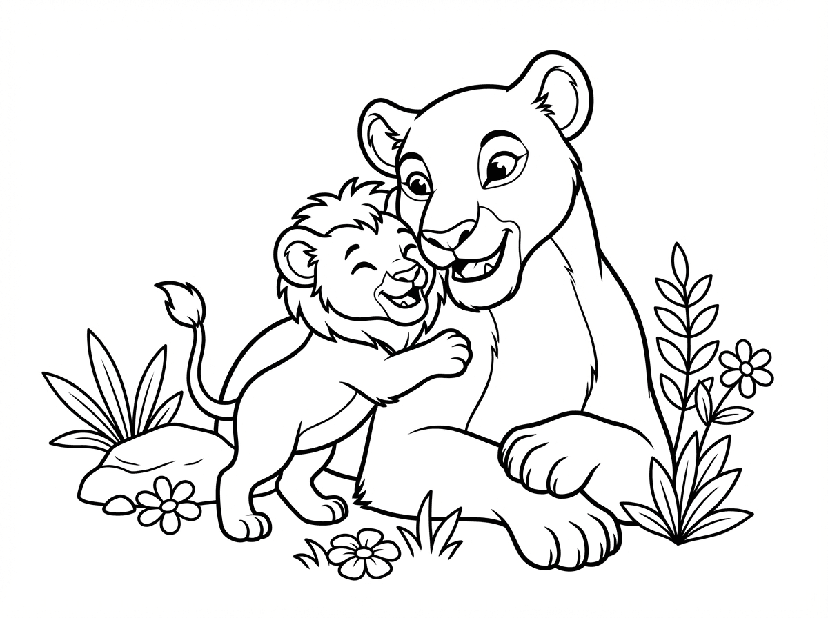 baby lion playing with his mom and she gives him a hug