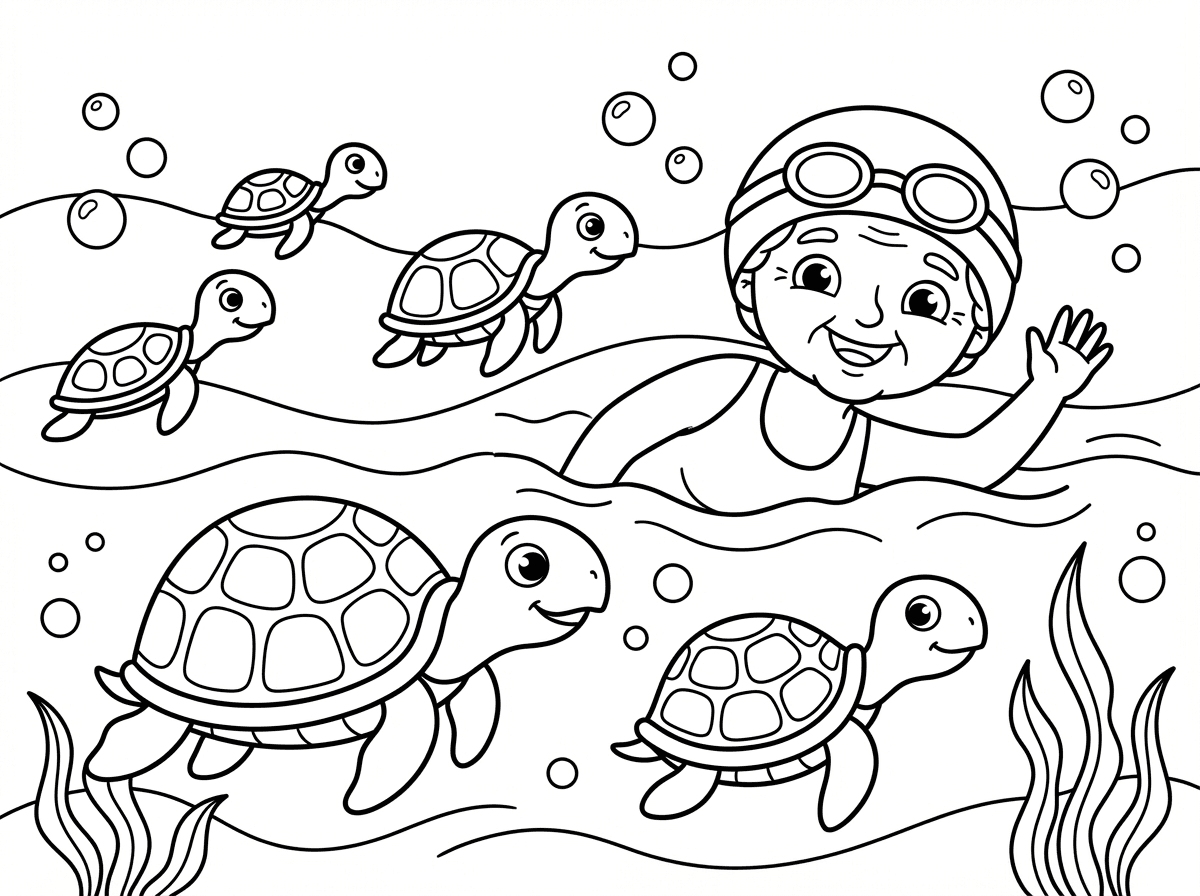 סבתא וקבוצה של צבים שוחים בים