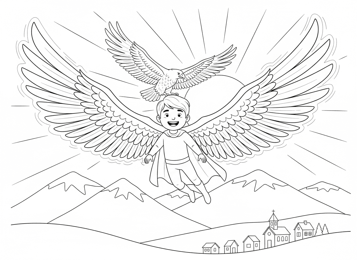 גיבור על עם כנפיים ענקיות - ילד גיבור על עם כנפיים מפוארות ענקיות מנוצות פרושות לרוחב, דואה מעל הרים, נשר חבר עף לצד, רוח בשיער, שקיעה מאחור, כפר זעיר למטה, נוצות זוהרות