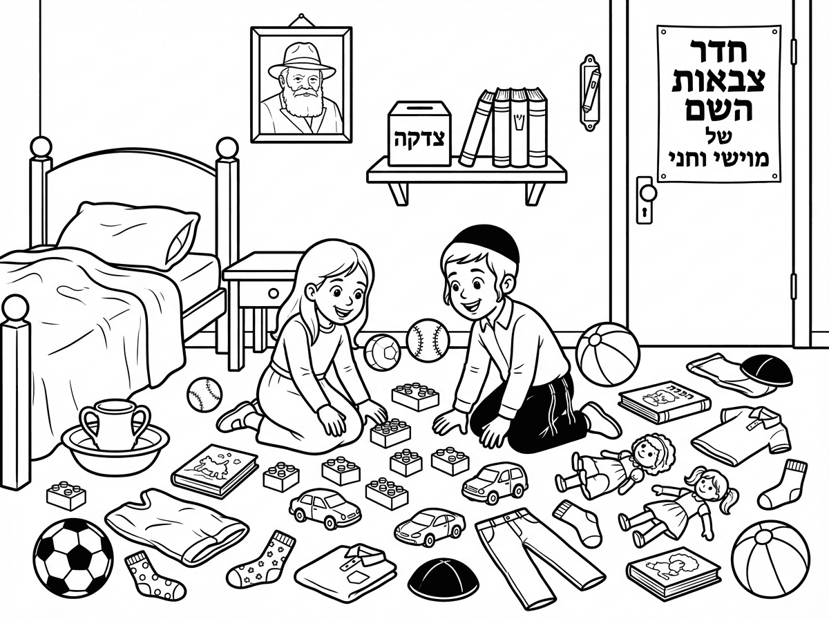 תודה רבה.
אשמח שתשנה שעל הקופת צדקה יהיה כתוב *צדקה* בעברית וגם שליד הקופה יהיו 3 סידורים עומדים ולא שוכבים.
בנוסף תשים על הדלת שלט שכתוב בו.
חדר צבאות השם של מוישי וחני.
וליד המיטה תשים על הרצפה קערה עם נטלה בתוכה.

תודה