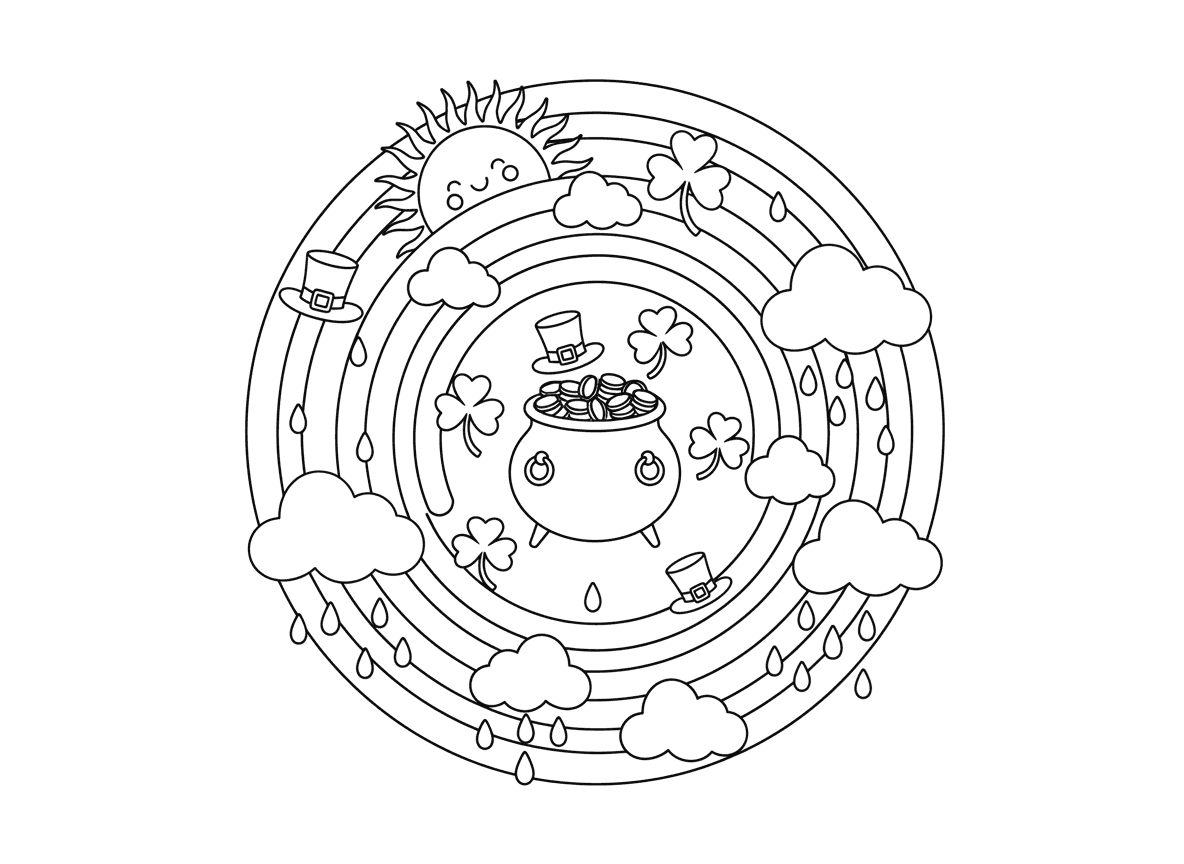 מנדלת קשת בענן - מנדלת קשת תוססת עם קשתות יוצרות עיגולים קונצנטריים, עננים בין קשתות, טיפות גשם, שמש מציצה, סיר זהב במרכז, כובעי לפרקון, תלתנים ארבע-עליים כנוי