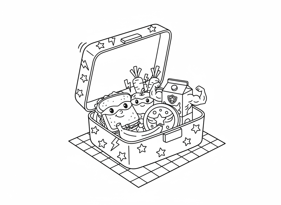 קופסת אוכל גיבורי על - קופסת אוכל בנושא גיבורי על פתוחה שמראה אוכל עם כוחות על בפנים, כריך עם גלימה, תפוח עם מסכה, קופסת מיץ עם שרירים, מקלות גזר כחטיפי כוח, מגן עוגייה, בומרנג בננה